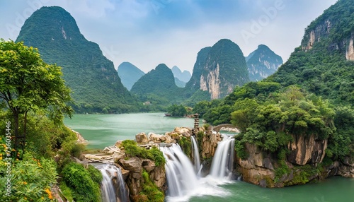 waterfall and mountain landscape in chinese style