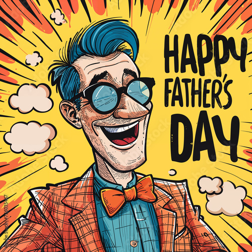 Retro Style Happy Father's Day Greeting with Cheerful Cartoon Man