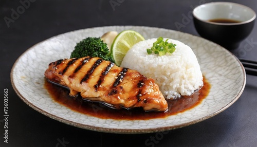 grilled chicken teriyaki rice japanese food isolated in black background