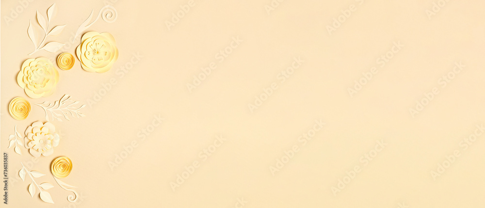 Beautiful paper flowers and leaves on beige background with space for text Beautiful paper flowers and leaves on beige background with space for text