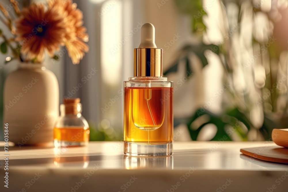 Serum glass bottle and skincare. cosmetic concept. Generative AI Serum glass bottle and skincare. cosmetic concept. Generative AI