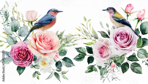 watercolor arrangements with garden roses birds collection pink flowers leaves branches decorative trees isolated on white background