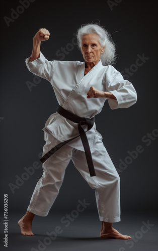 A senior woman with yellow karate kimono and black belt in defensive position