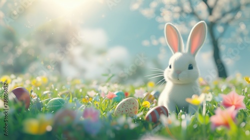 Smiling Easter Bunny Frolicking in Meadow with Eggs and Text Area
