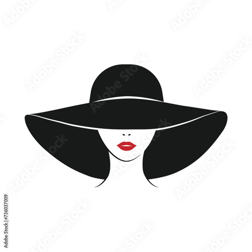 The girl in the hat. A woman in a black hat with a large brim. Sexy woman with red lips. The avatar of the lady. Vector illustration