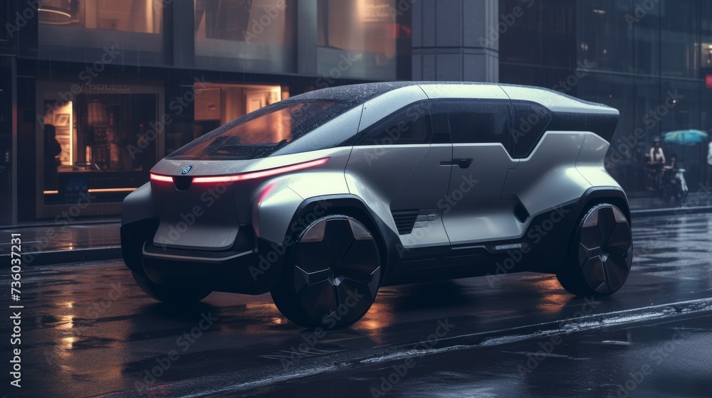Futuristic Car Driving Down City Street