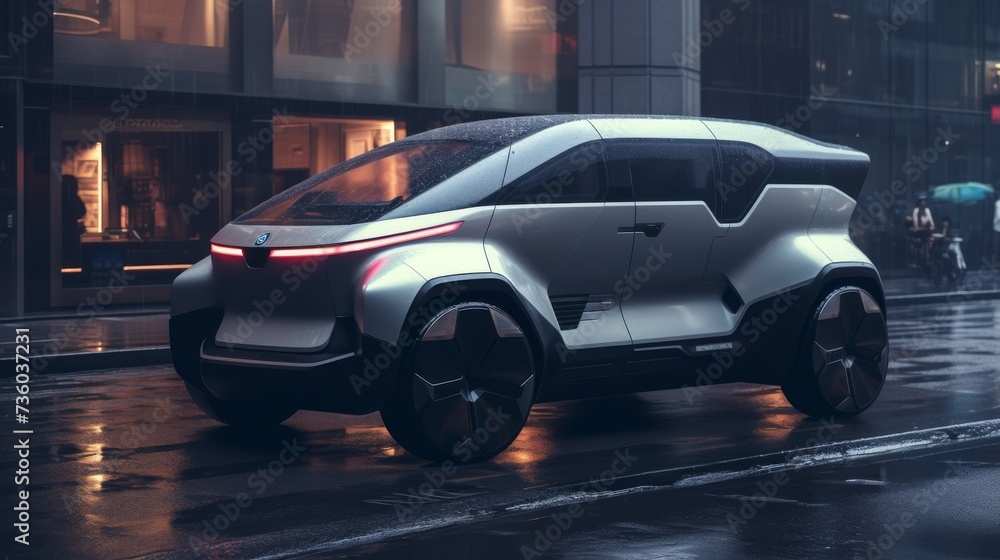 Futuristic Car Driving Down City Street Futuristic Car Driving Down City Street