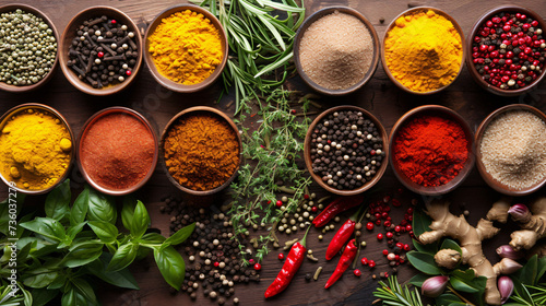 Variety of spices and herbs splayed out.