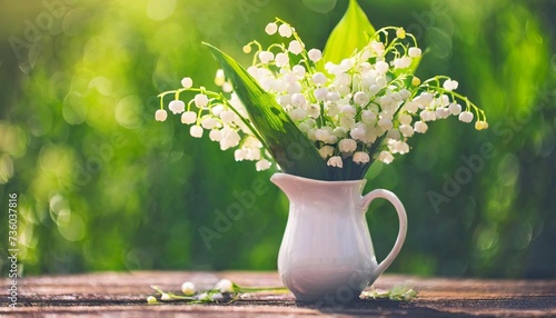 beautiful spring lily of the valley in vase colorful artistic image with a soft focus green bokeh background