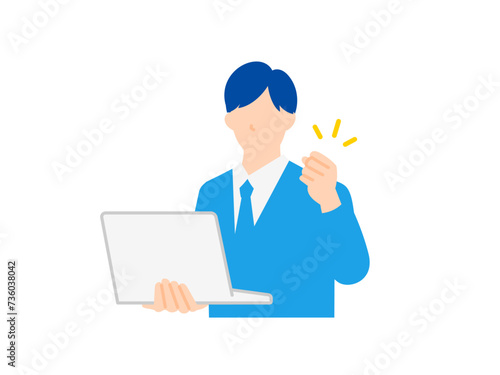 ノートパソコンを持ってガッツポーズをするビジネスパーソンのイラスト