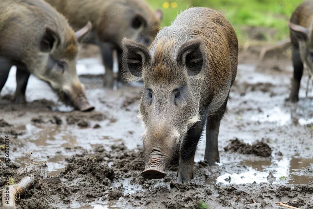 group of wild boar foraging in mud group of wild boar foraging in mud