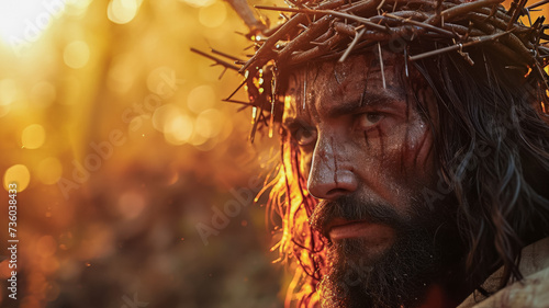 retrato de Jesucristo con mirada intensa portando la cruz de espinas con la cara ensangrentada, sobre fondo dorado bokeh photo
