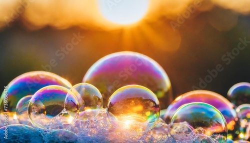 a diverse cluster of soap bubbles illuminated by the warm glow of sunlight against a vivid backdrop © Francesco