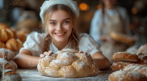 A woman with a smile on her face is holding a loaf of bread in a bakery, preparing for a cooking event. The key ingredient for a delicious dish is food