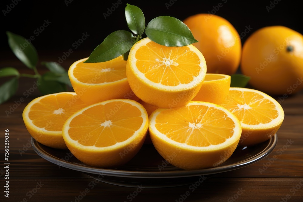 Fototapeta premium Sliced of oranges with leaves in plate Generative AI