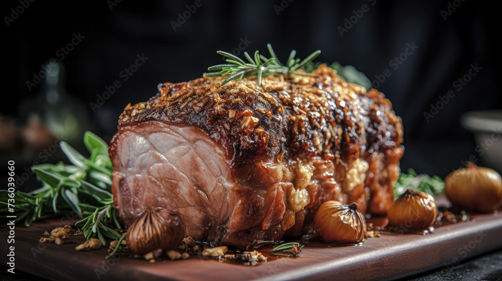 Crispy pork roast placed on a cutting board. Food concept
