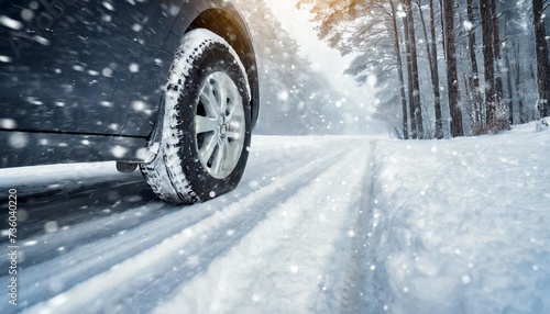 car driving with winter wheels and tires during snow blizzard photo