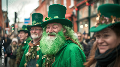 Crowd of joyful people in green on the street celebrating St. Patrick's Day