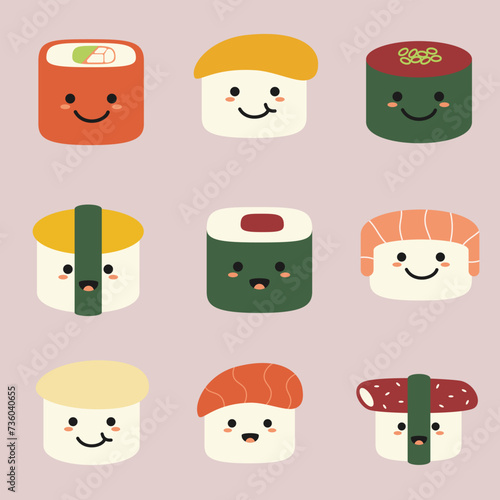 Anthropomorphic Sushi Characters Illustration Set