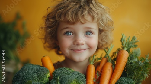 A studio shot of a smiling boy holding fresh broccoli and carrots on a yellow background. Healthy baby food.