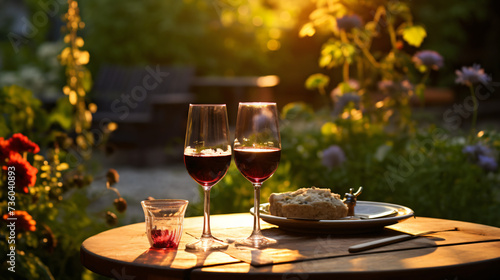 Laid garden table with two glasses of red wine