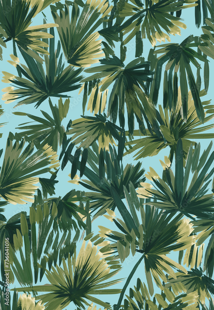 Tropical seamless pattern with palm leaves painted with a brush. Sketch with tropical leaves. Tropical wallpaper Tropical seamless pattern with palm leaves painted with a brush. Sketch with tropical leaves. Tropical wallpaper