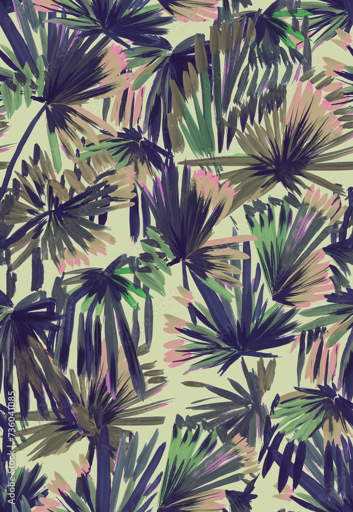 Tropical seamless pattern with palm leaves painted with a brush. Sketch with tropical leaves. Tropical wallpaper Tropical seamless pattern with palm leaves painted with a brush. Sketch with tropical leaves. Tropical wallpaper