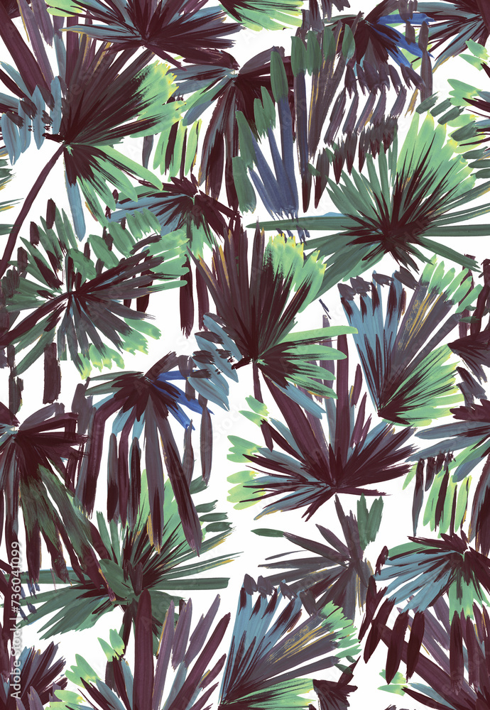 Fototapeta premium Tropical seamless pattern with palm leaves painted with a brush. Sketch with tropical leaves. Tropical wallpaper