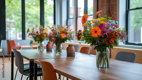 Arranjos florais coloridos em escritório moderno e iluminado photo