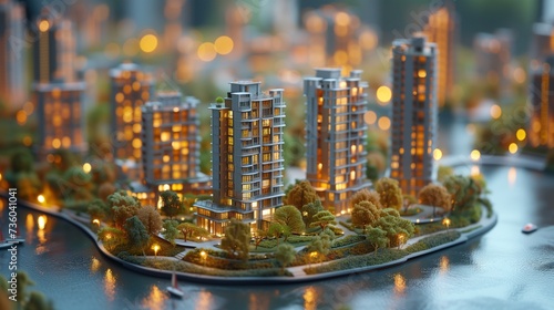 A miniature cityscape on a table featuring buildings, skyscrapers, and trees, showcasing urban design and mixeduse spaces photo