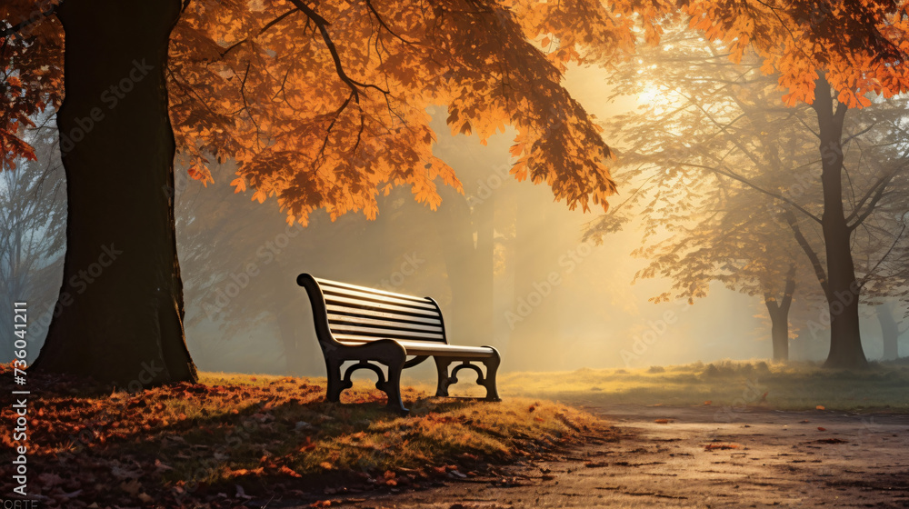Landscape: bench and morning fog in autumn park