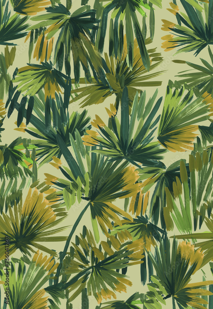 Fototapeta premium Tropical seamless pattern with palm leaves painted with a brush. Sketch with tropical leaves. Tropical wallpaper
