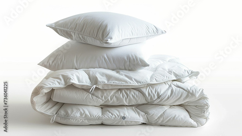 Stack of beddings on the white background, white pillow on the duvet isolated, bedding objects isolated against white background, bedding items, bedding mockup. Made with generative ai