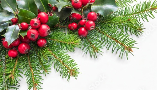 green christmas pine twigs and red berries of winterberry holly in a corner arrangements isolated on white or transparent background