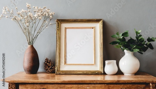 pciture frame on a wooden sidebboard table photo
