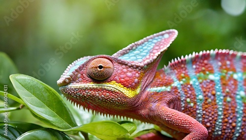 a vivid pink chameleon with detailed scales and bright eyes nestled in lush green leaves