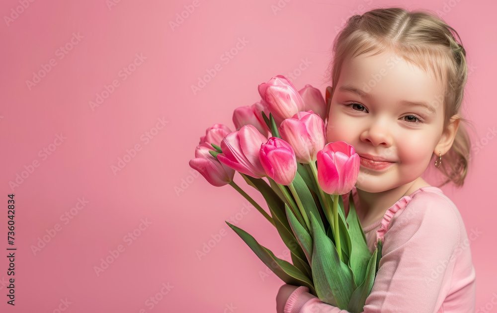 little girl with tulips on a pink background, little girl with tulips on a pink background,