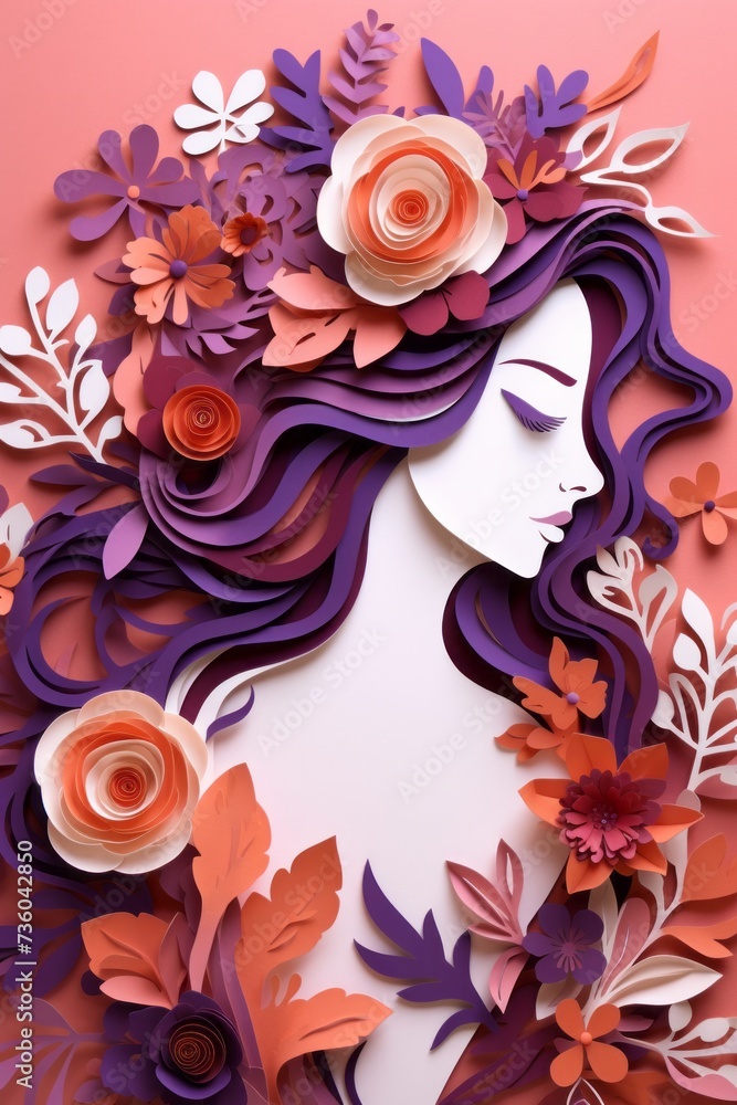 An image of a female silhouette with a fluffy floral hairstyle cut from colored cardboard paper on a colored background among flowers. International Women's Day concept and Mother's Day