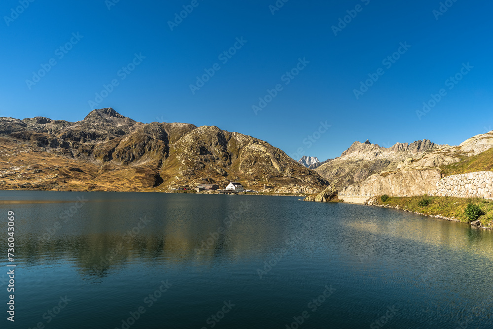 Mountain landscape with Totensee lake at the Grimsel Pass, Obergoms, Canton Valais, Switzerland