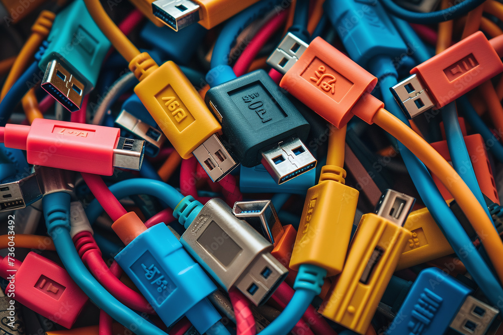 Close-up photo of colored cables with various connectors, such as HDMI, USB-A, Display Port Close-up photo of colored cables with various connectors, such as HDMI, USB-A, Display Port