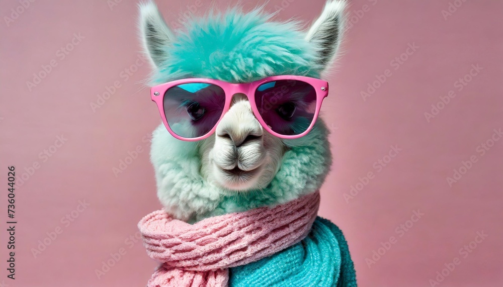 pink alpaca with turquoise hair and a scarf wearing pink sunglasses on pink background