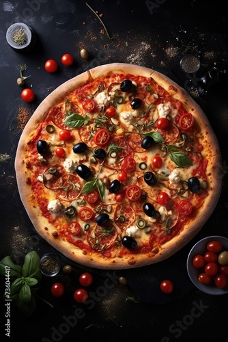 delicious pizza, black background there is free space for text, wallpaper, poster, advertisement, etc