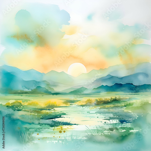 Abstract watercolor background with lake. mountains and sky. Digital art painting.