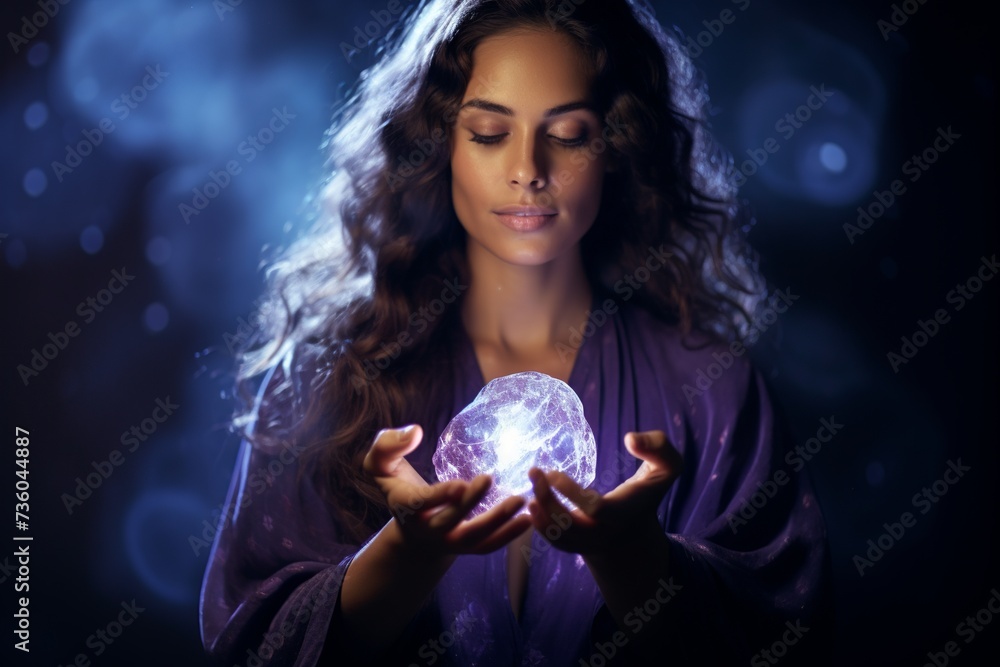Naklejka premium An enigmatic woman, draped in a purple robe, conjures a swirling galaxy of light within a crystal orb, surrounded by an aura of mystical energy. 