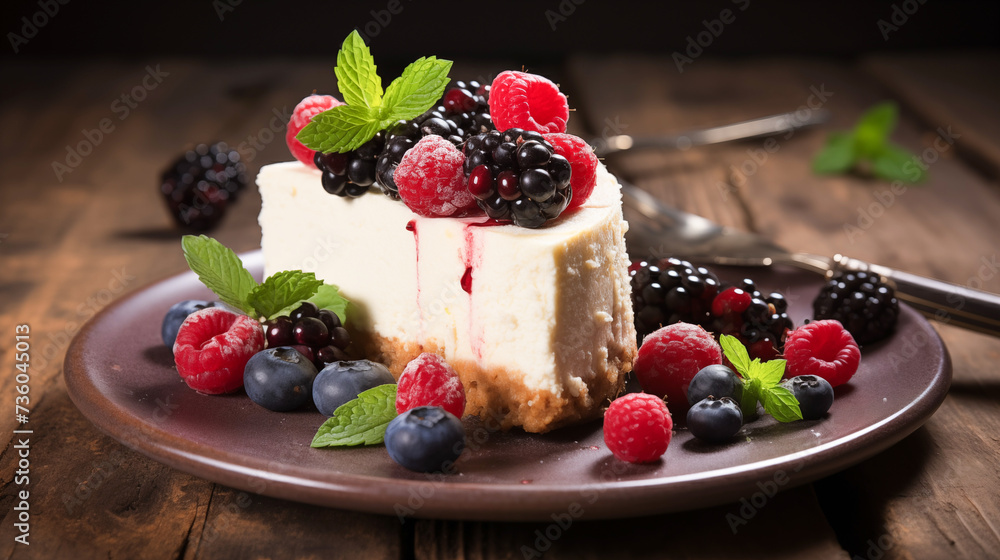 Homemade Cheesecake with fresh berries and mint for dessert. Cheesecake dessert with fresh berries. Cheesecake with fresh raspberries and blueberries Homemade Cheesecake with fresh berries and mint for dessert. Cheesecake dessert with fresh berries. Cheesecake with fresh raspberries and blueberries