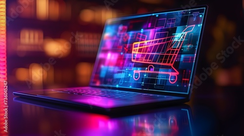 Vibrant Neon Shopping Cart Icon on Laptop Screen Capturing the Essence of Modern E-Commerce and Online Shopping photo