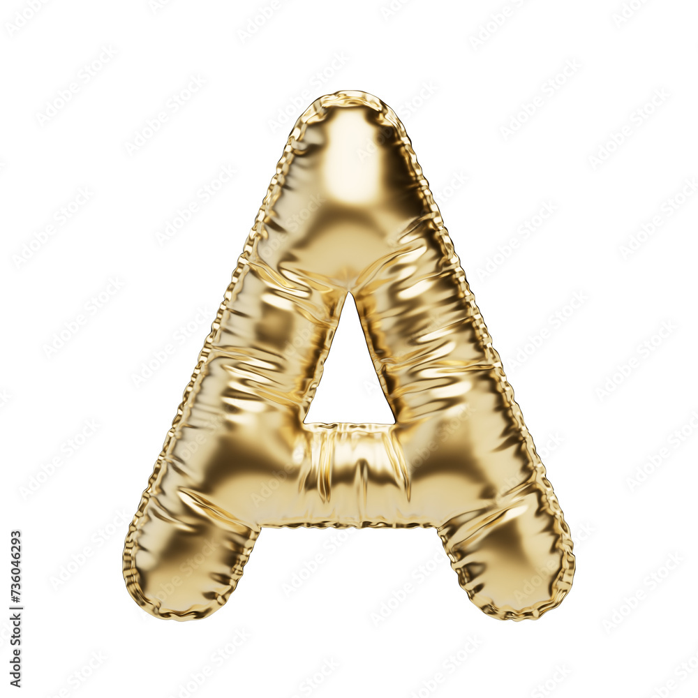 Obraz premium Letter A in the form of a gold foil balloon isolated on a transparent background. PNG 3D render. Letter of the Latin alphabet. Metallic volumetric letter with matte texture. Golden monogram.