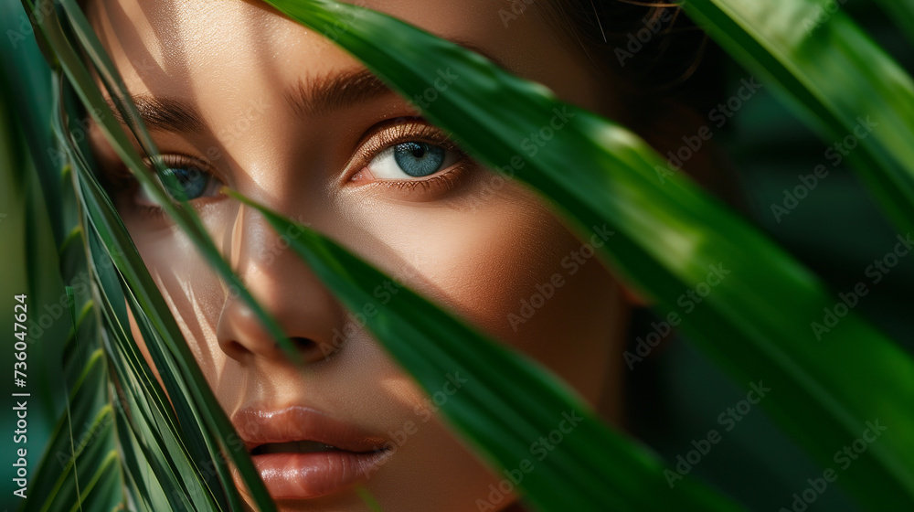Woman model in tropical leaves. Woman model in tropical leaves.