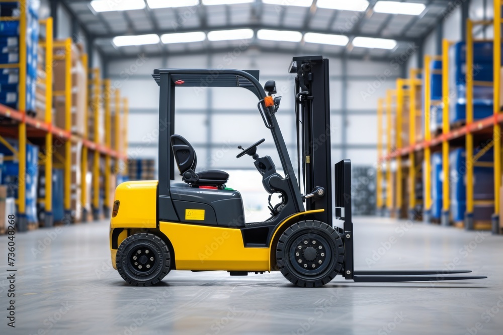 Forklift in Aisle of Large Warehouse 