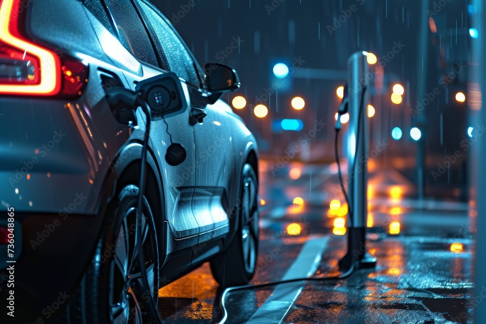 Electric Vehicle Charging in Rainy City Night Electric Vehicle Charging in Rainy City Night